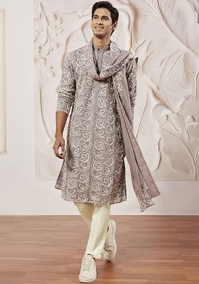 Lavender Floral Print Poly Blend Kurta Set For Men