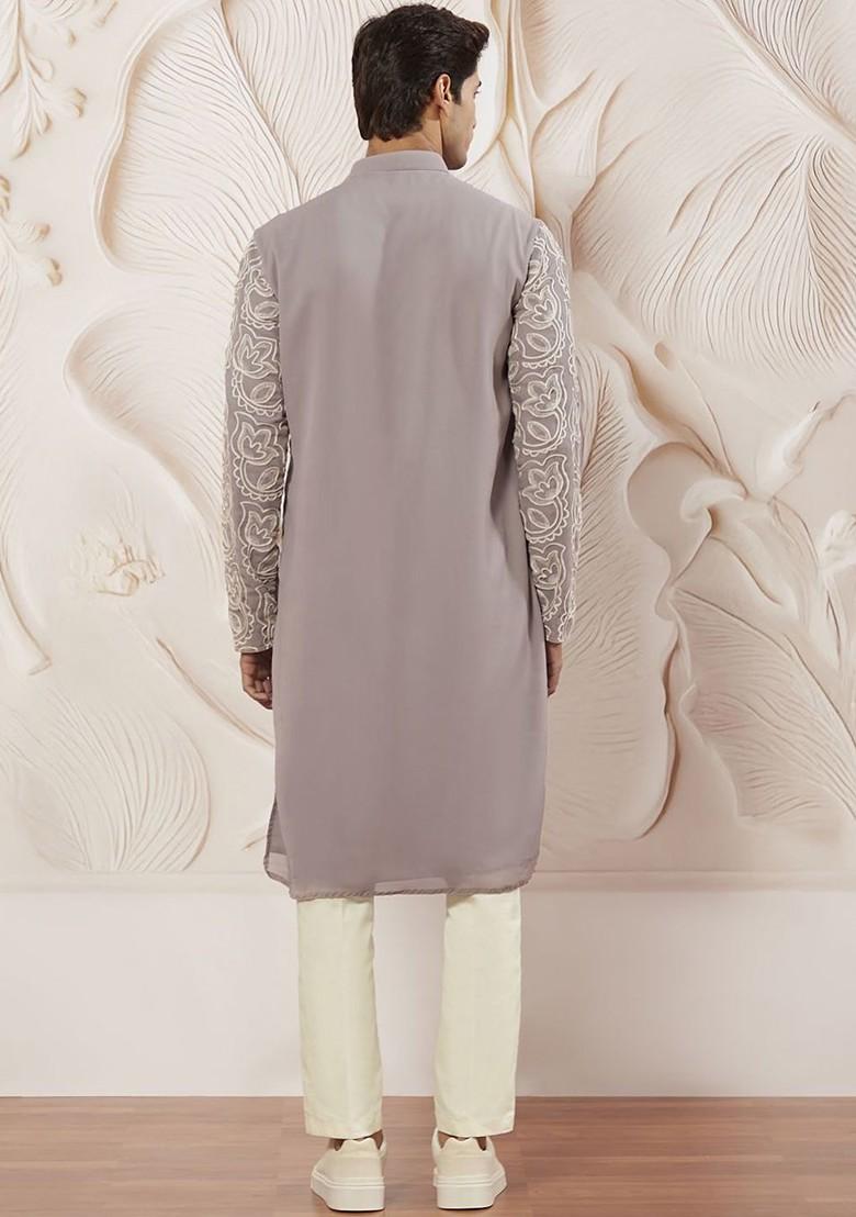 Lavender Floral Print Poly Blend Kurta Set For Men