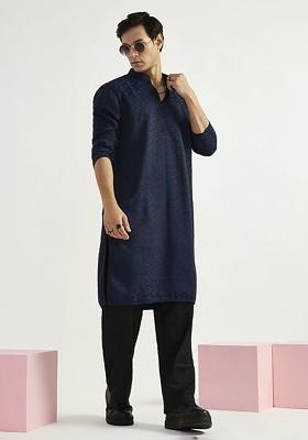 Navy Blue Geometric Print Poly Blend Kurta Set For Men