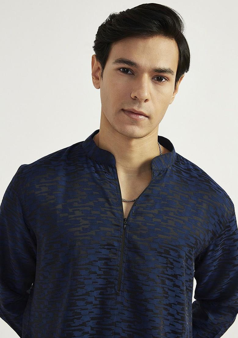 Navy Blue Geometric Print Poly Blend Kurta Set For Men