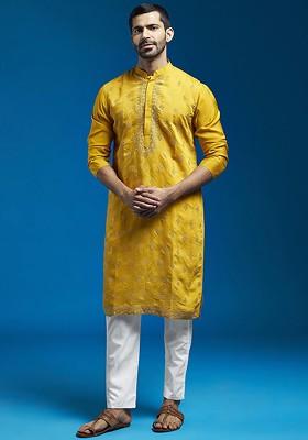 Yellow Floral Print Silk Kurta Set For Men
