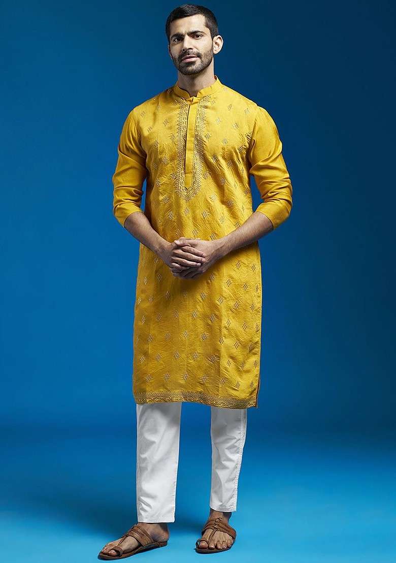 Yellow Floral Print Silk Kurta Set For Men - Indya
