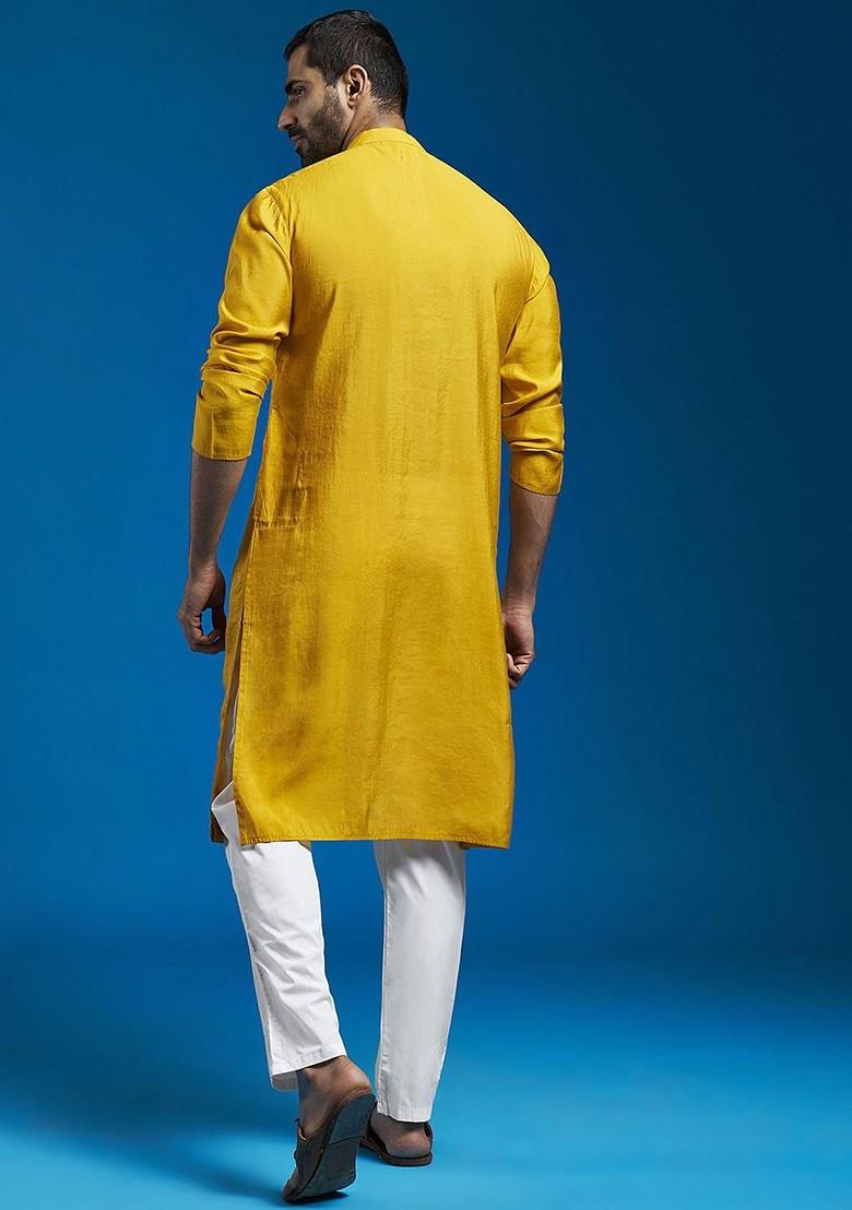 Yellow Floral Print Silk Kurta Set For Men