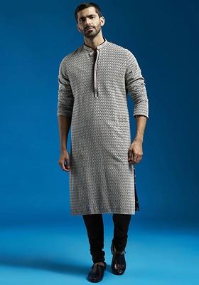 Black Embroidered Poly Blend Kurta Set For Men