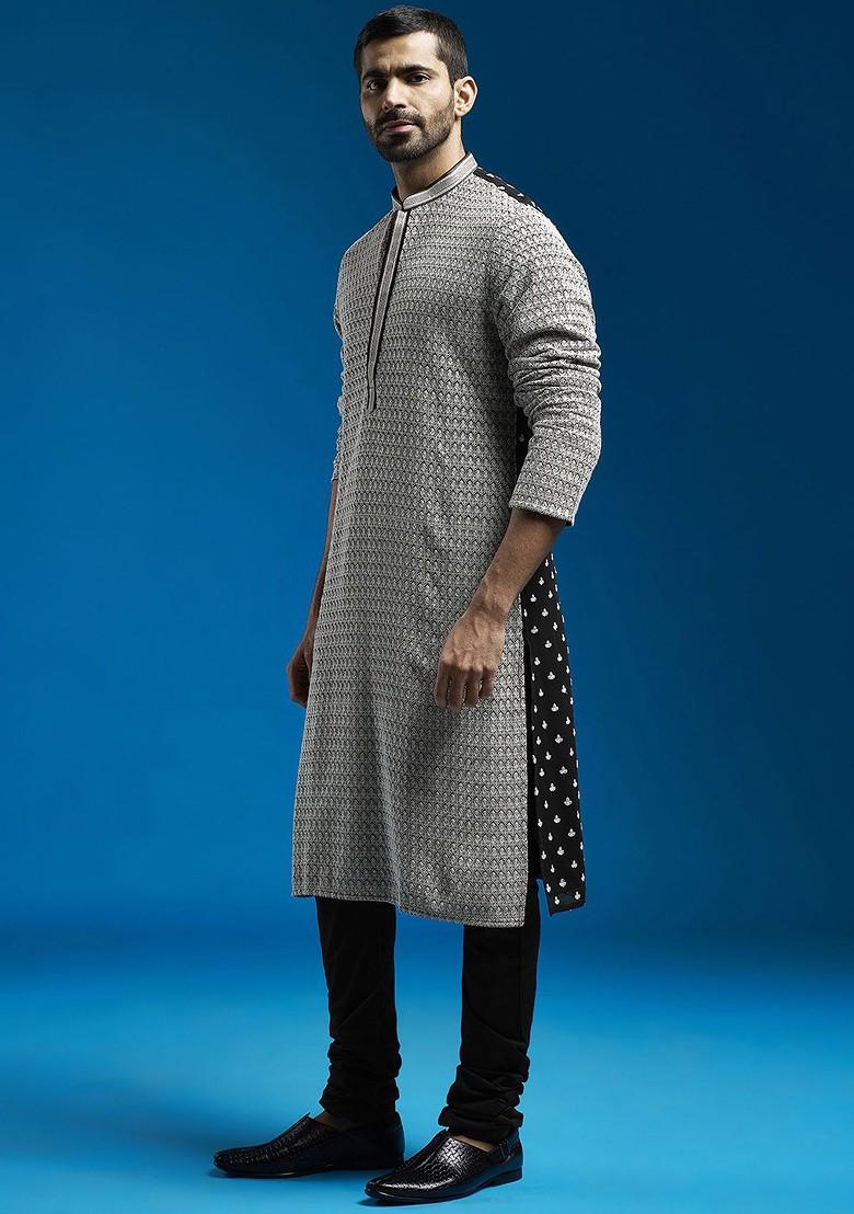 Black Embroidered Poly Blend Kurta Set For Men
