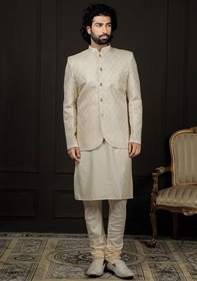 Cream Solid Poly Blend Kurta Set For Men