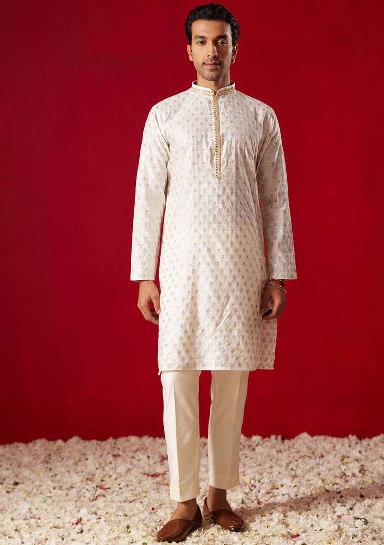 Cream Floral Print Poly Blend Kurta Set For Men - Indya
