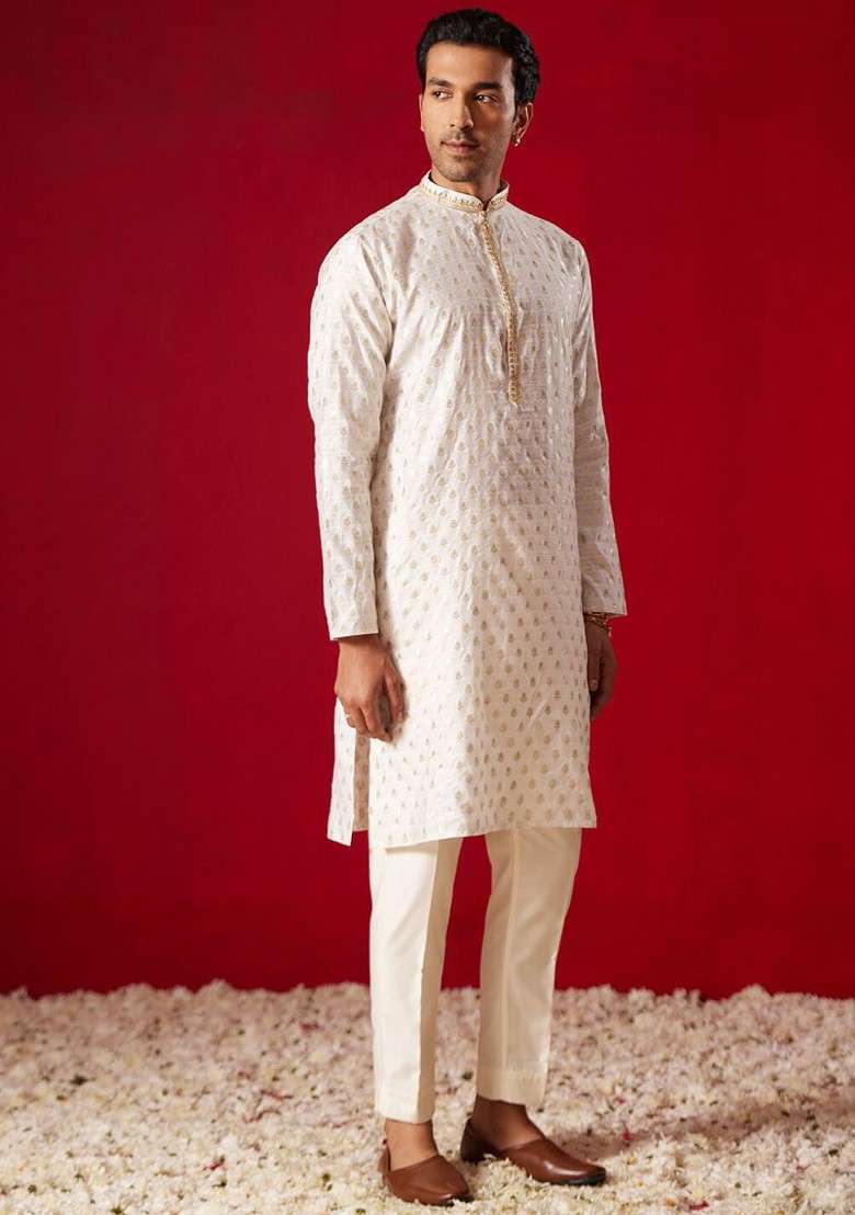 Cream Floral Print Poly Blend Kurta Set For Men - Indya