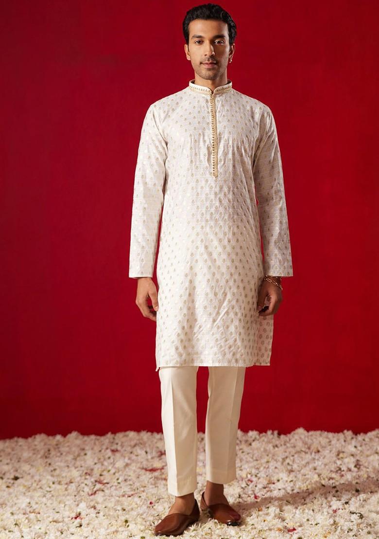 Cream Floral Print Poly Blend Kurta Set For Men
