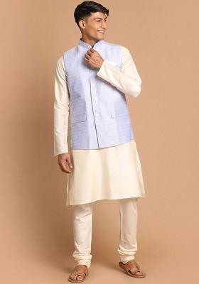 Cream Woven Poly Blend Kurta Set For Men