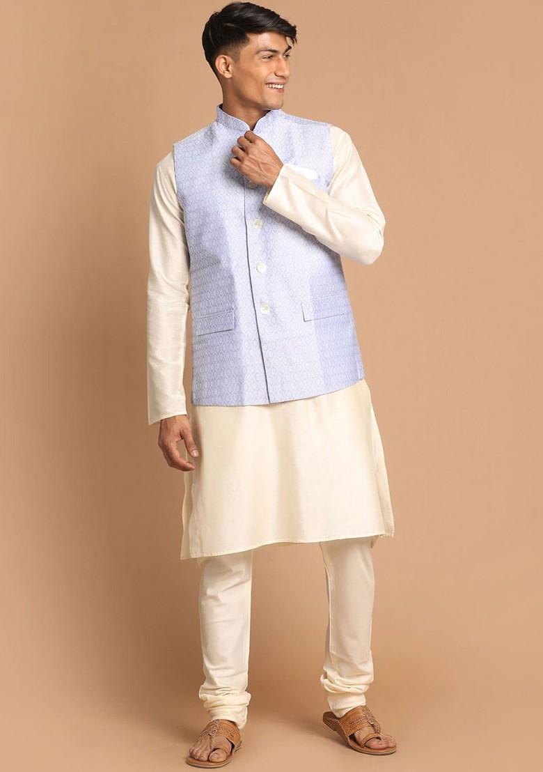 Cream Woven Poly Blend Kurta Set For Men