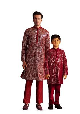 Maroon Embroidered Poly Blend Kurta Set For Men