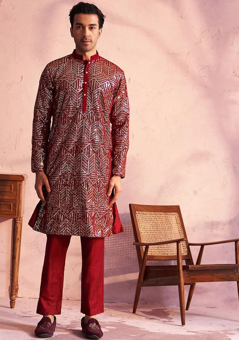 Maroon Embroidered Poly Blend Kurta Set For Men