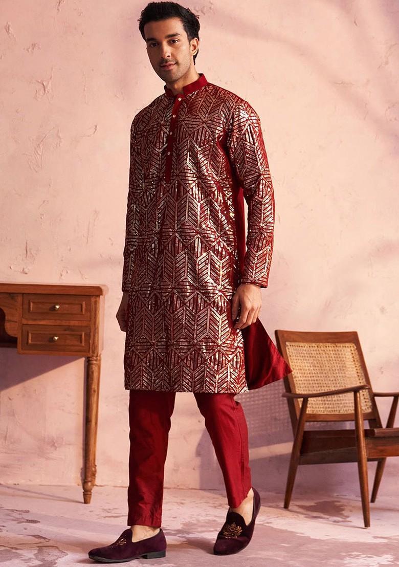 Maroon Embroidered Poly Blend Kurta Set For Men