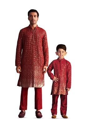 Maroon Embroidered Poly Blend Kurta Set For Men