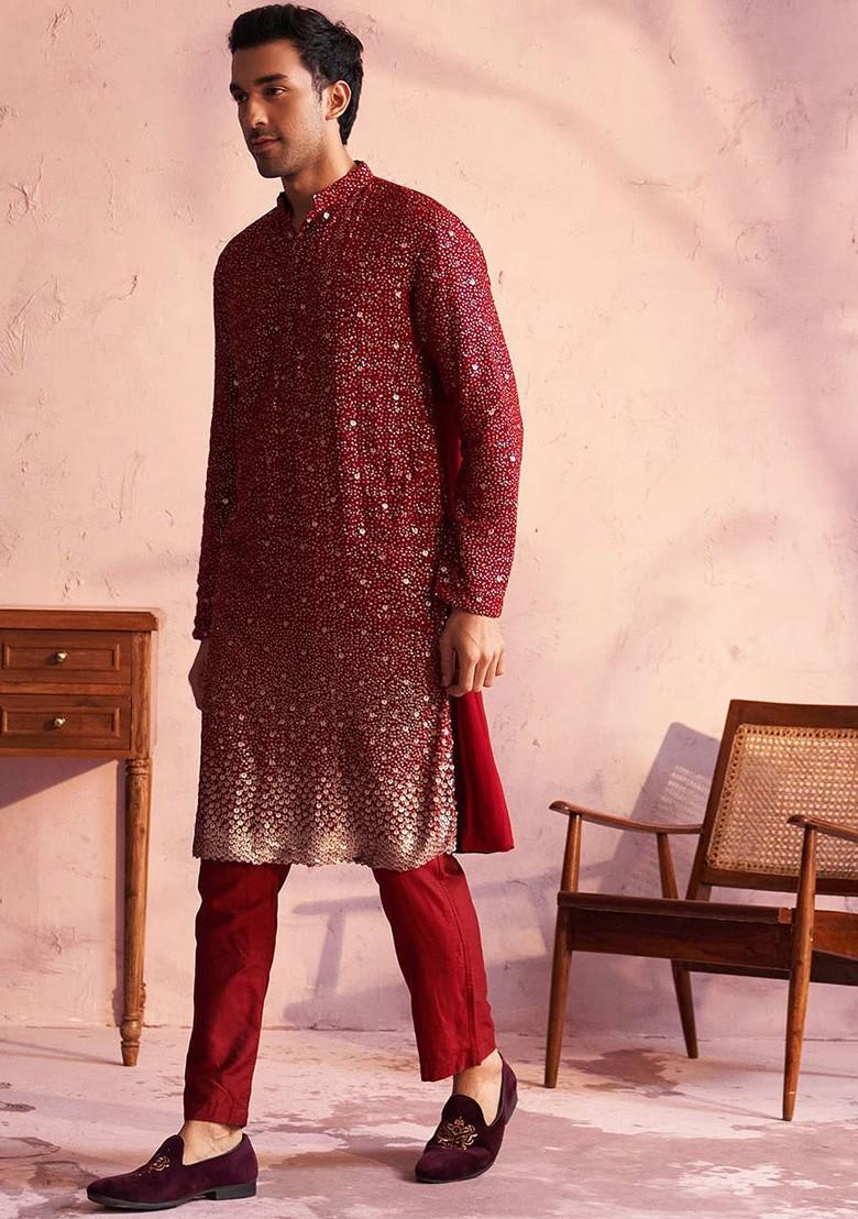 Maroon Embroidered Poly Blend Kurta Set For Men