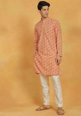 Orange Ethnic Motifs Poly Blend Kurta Set For Men