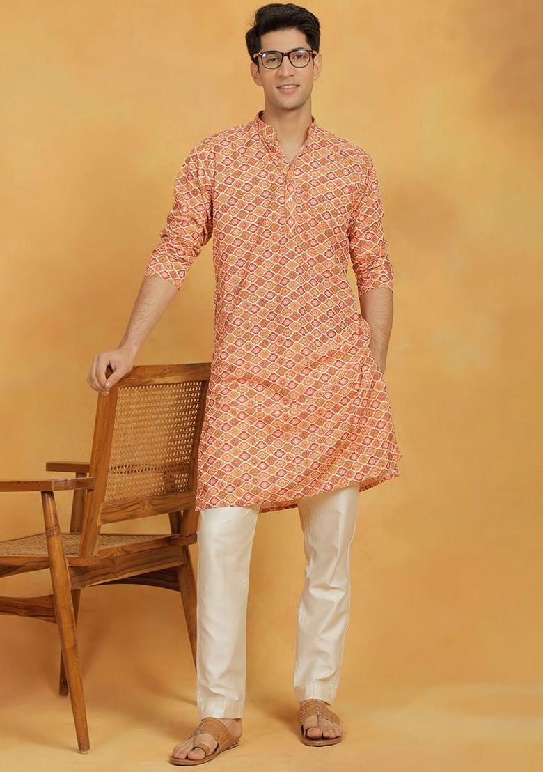 Orange Ethnic Motifs Poly Blend Kurta Set For Men