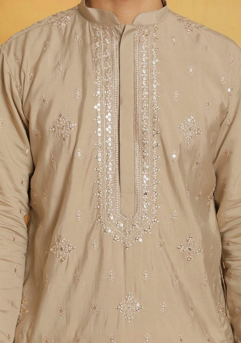 Grey Ethnic Motifs Poly Blend Kurta Set For Men