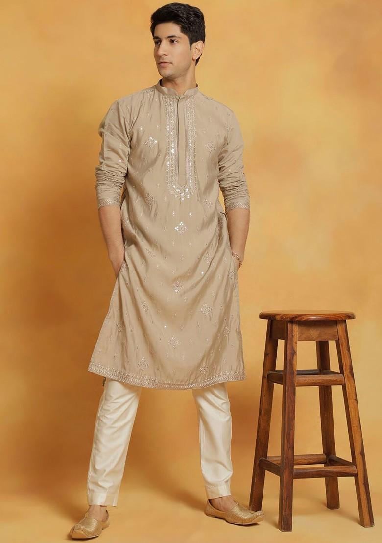 Grey Ethnic Motifs Poly Blend Kurta Set For Men