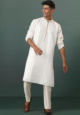 Cream Ethnic Motifs Poly Blend Kurta Set For Men
