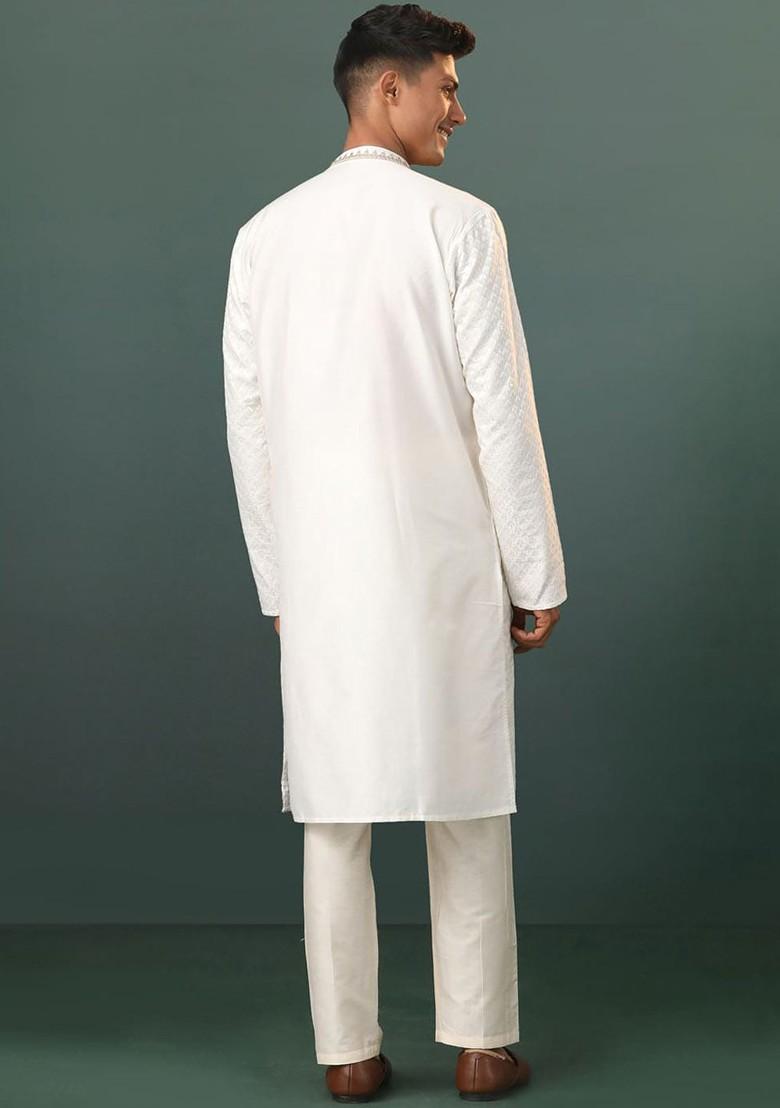 Cream Ethnic Motifs Poly Blend Kurta Set For Men