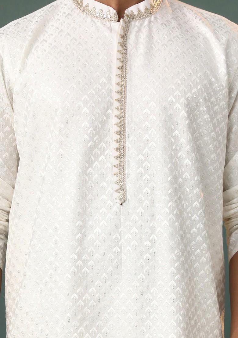 Cream Ethnic Motifs Poly Blend Kurta Set For Men