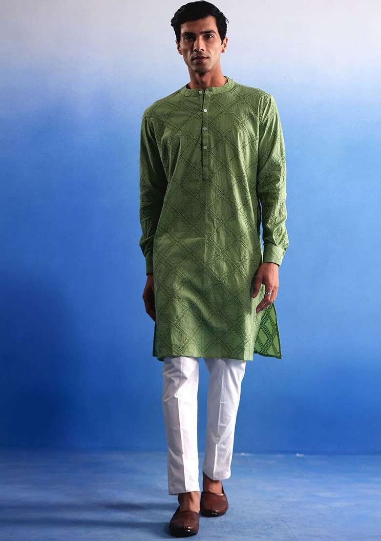 Green Embroidered Cotton Kurta Set For Men - Indya