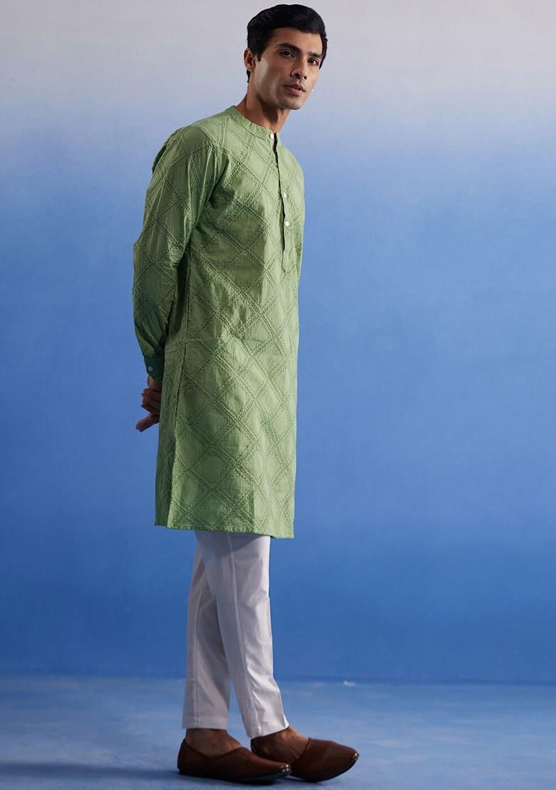 Green Embroidered Cotton Kurta Set For Men
