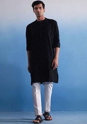 Black Embroidered Cotton Kurta Set For Men