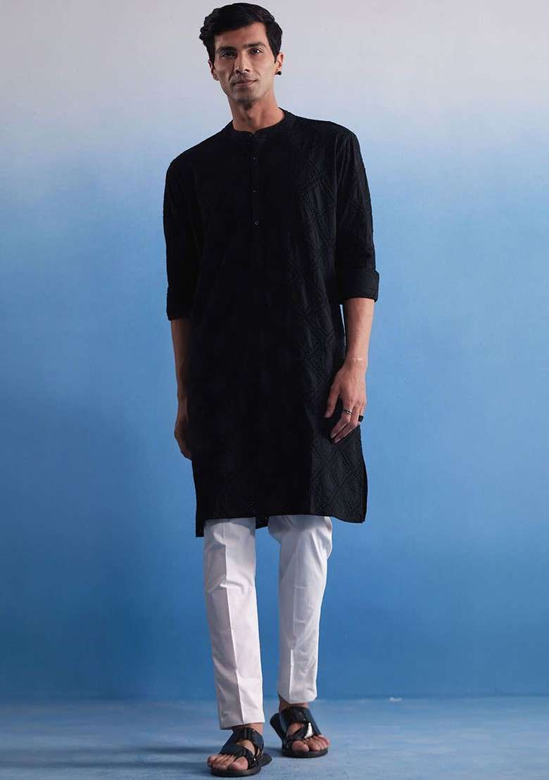 Black Embroidered Cotton Kurta Set For Men - Indya