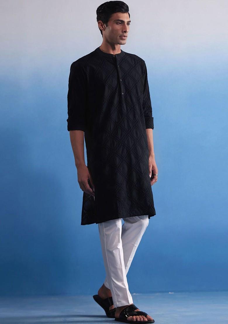 Black Embroidered Cotton Kurta Set For Men