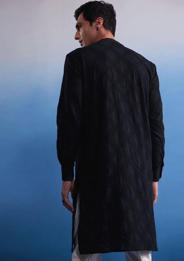 Black Embroidered Cotton Kurta Set For Men