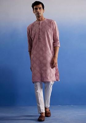 Pink Embroidered Cotton Kurta Set For Men