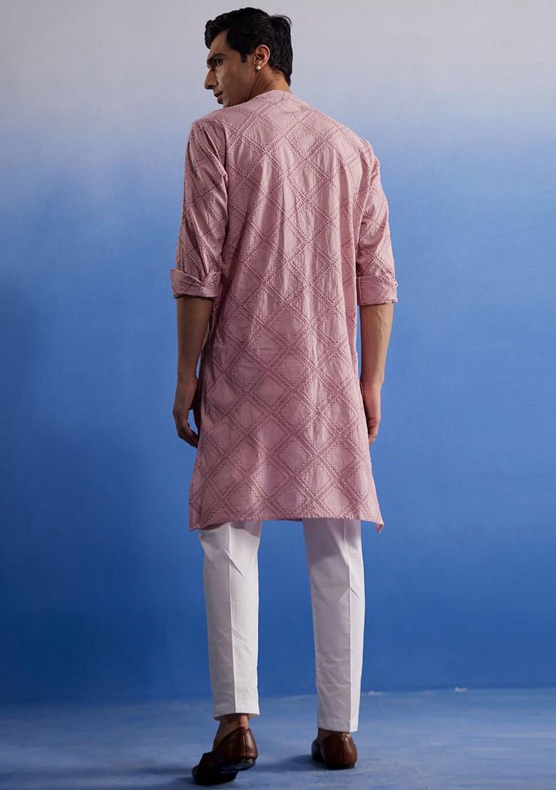 Pink Embroidered Cotton Kurta Set For Men