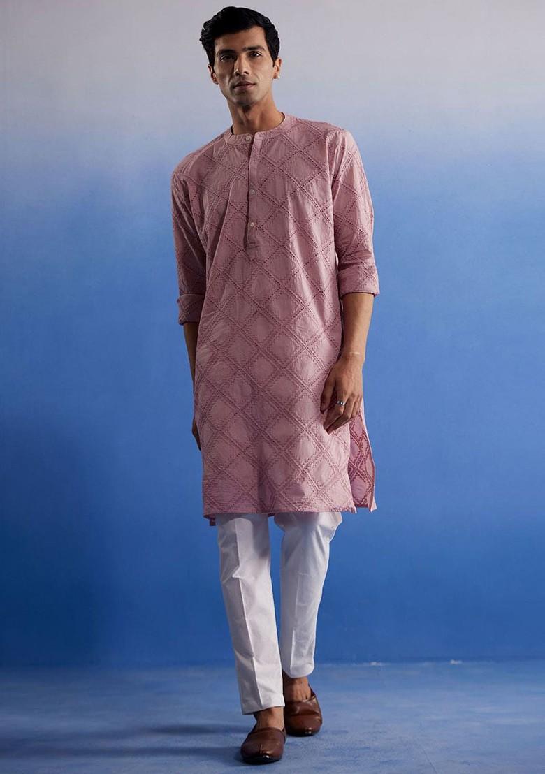 Pink Embroidered Cotton Kurta Set For Men