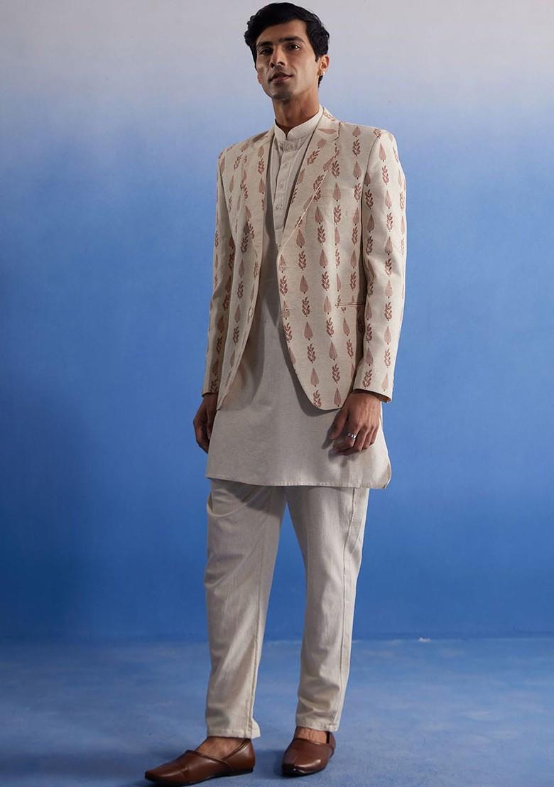 Cream Solid Cotton Kurta Set For Men
