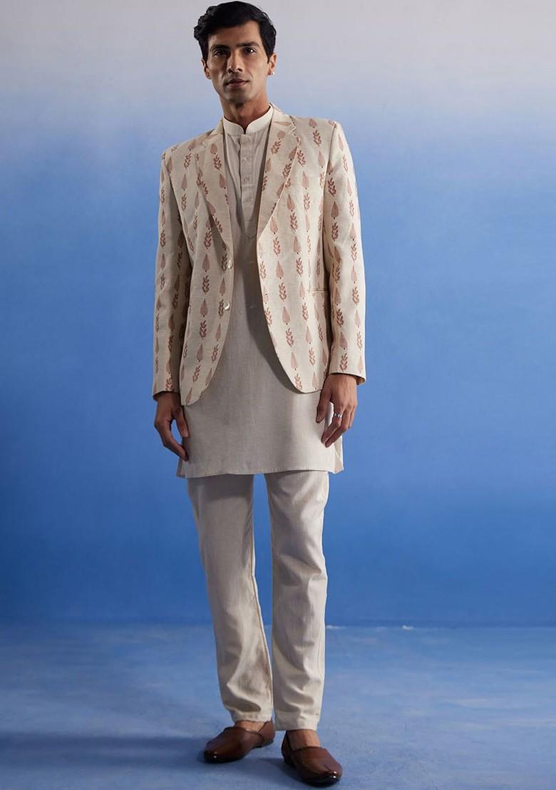 Cream Solid Cotton Kurta Set For Men