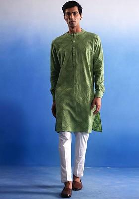 Green Embroidered Cotton Kurta Set For Men