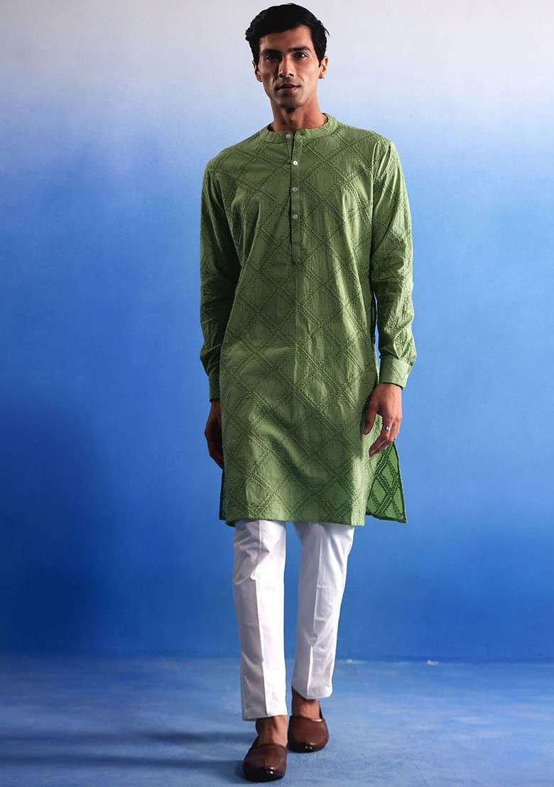 Green Embroidered Cotton Kurta Set For Men - Indya