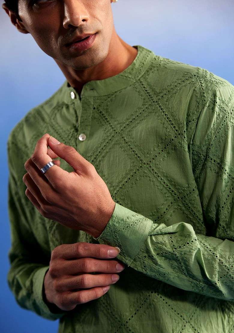 Green Embroidered Cotton Kurta Set For Men - Indya