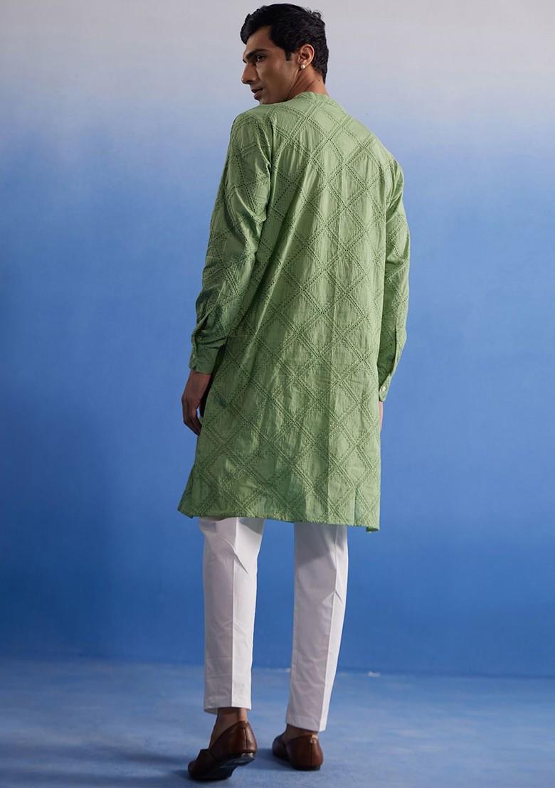 Green Embroidered Cotton Kurta Set For Men