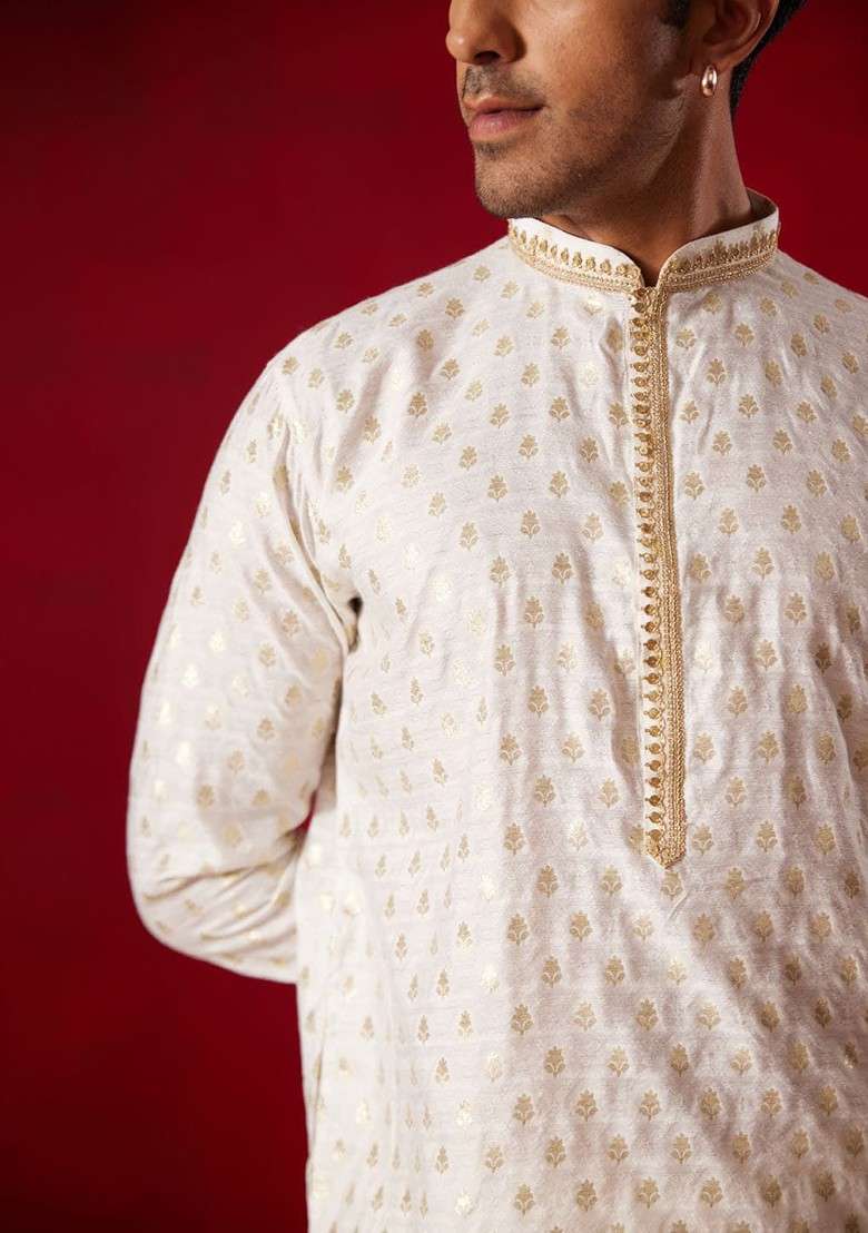 Cream Floral Print Poly Blend Kurta Set For Men - Indya