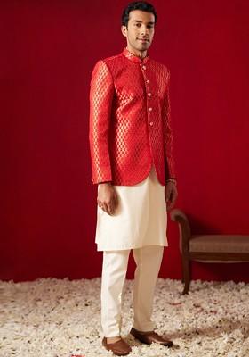 Red Solid Poly Blend Kurta Set For Men