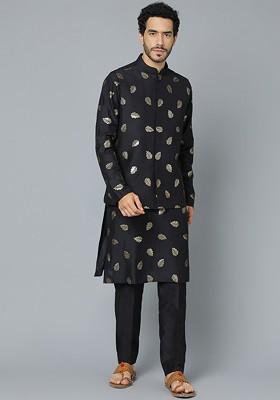 Black Ethnic Motifs Poly Blend Kurta Set For Men