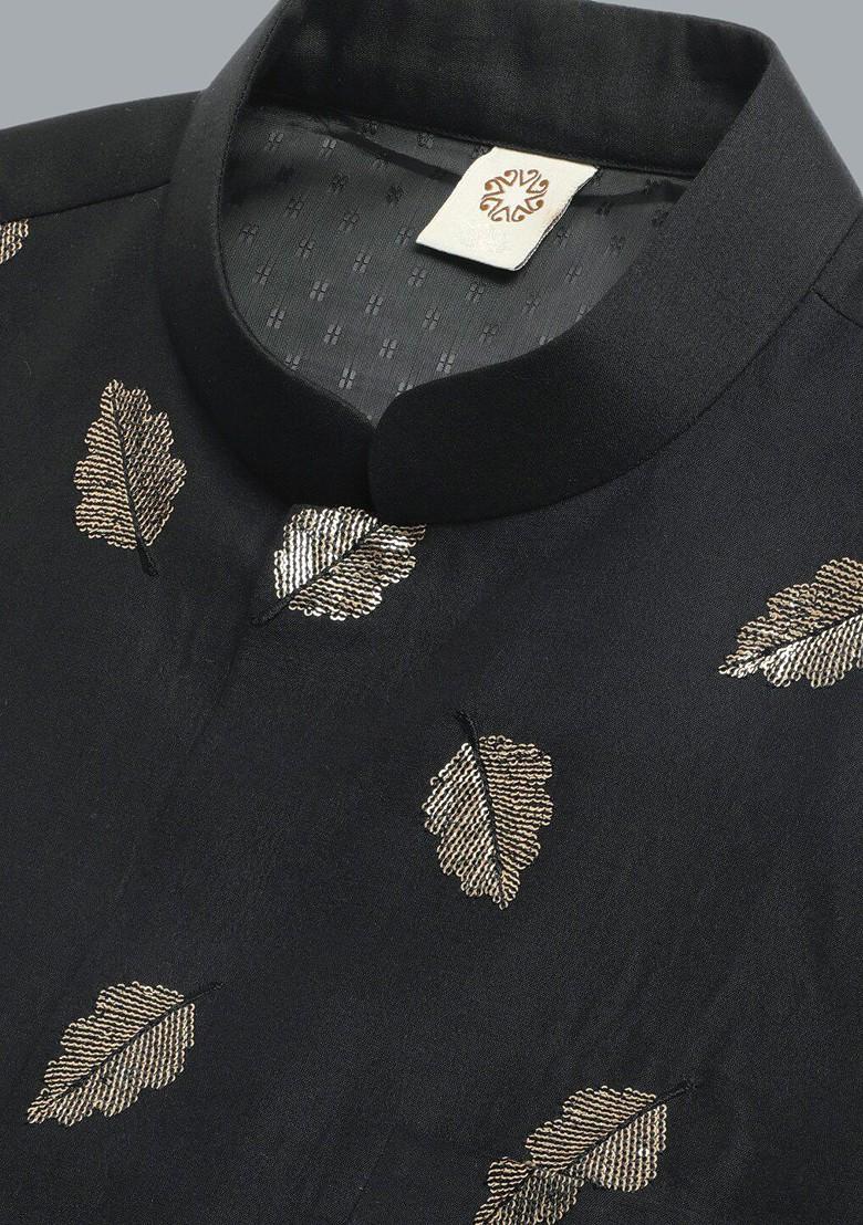 Black Ethnic Motifs Poly Blend Kurta Set For Men