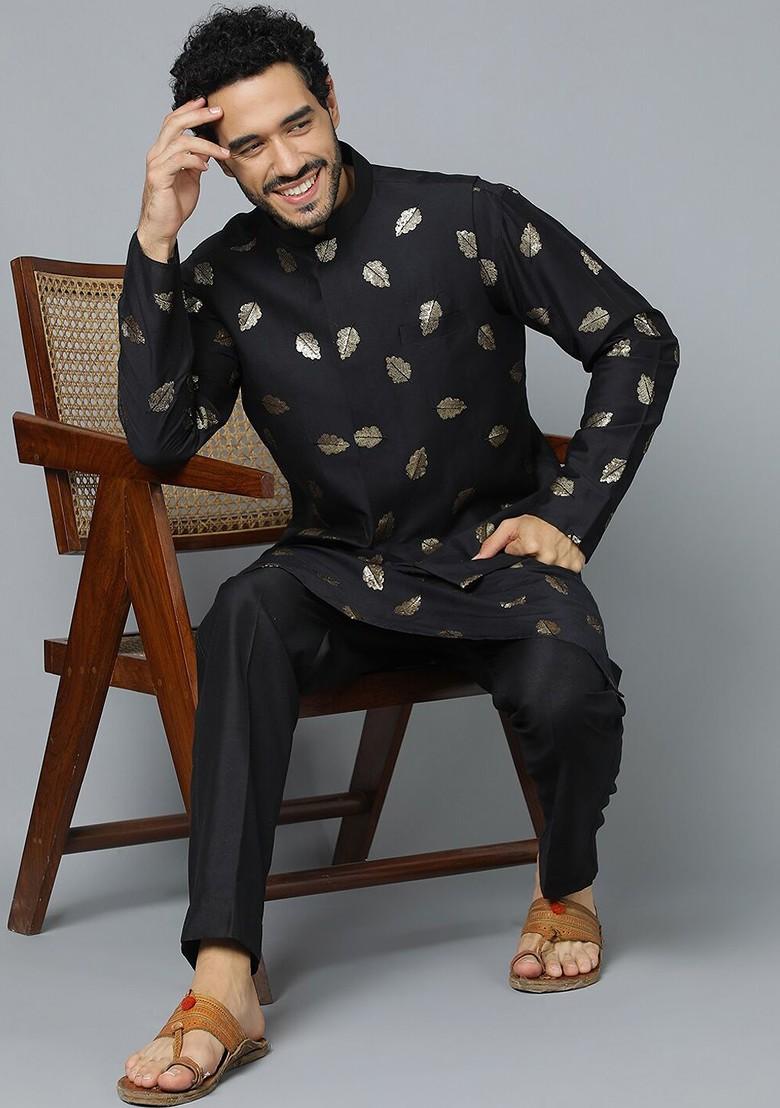 Black Ethnic Motifs Poly Blend Kurta Set For Men