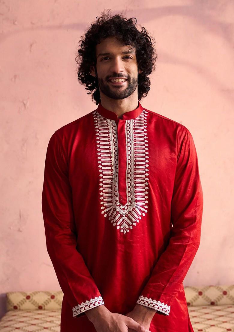 Red Ethnic Motifs Poly Blend Kurta Set For Men