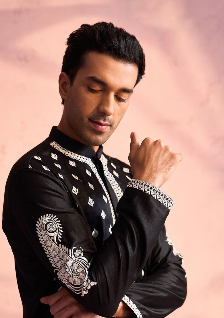 Black Floral Print Poly Blend Kurta Set For Men