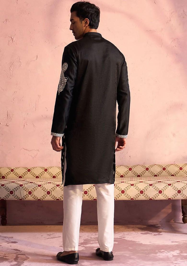 Black Floral Print Poly Blend Kurta Set For Men